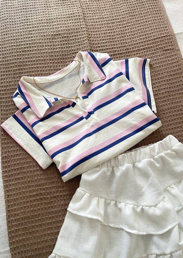 Producto - Chomba rayado rosa y azul de algodón