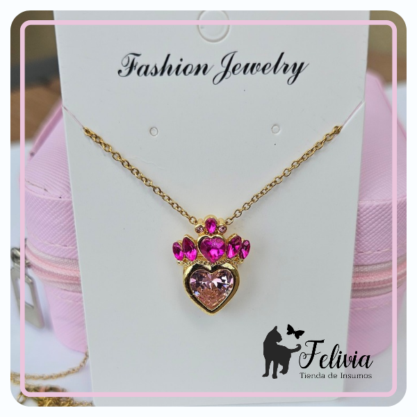 Producto - Collar Corazón con corona Fucsia acero dorado