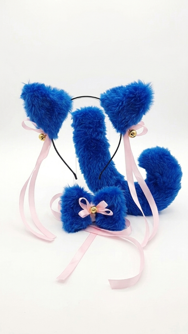 Producto - conjunto neko gato peluche azul cintas rosas - 1