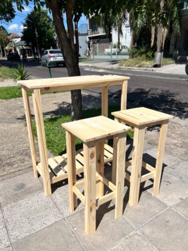 Producto - Desayunador Mesa Alta Barra + 2 Banquetas En Pino Cuadrada 120 x 40