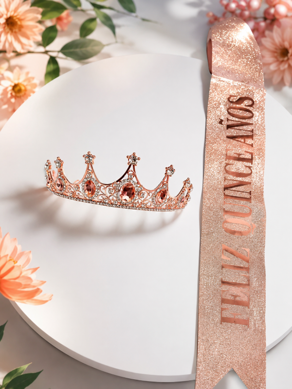 Producto - Tiara + banda feliz cumpleaños en rosa gold