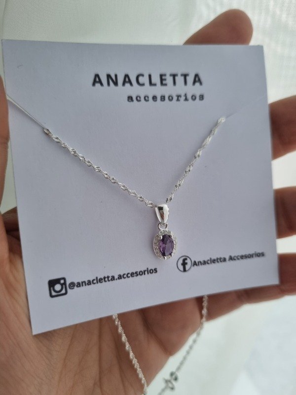 Producto - Gargantilla ovalada lila con zircones plata 925 40cm