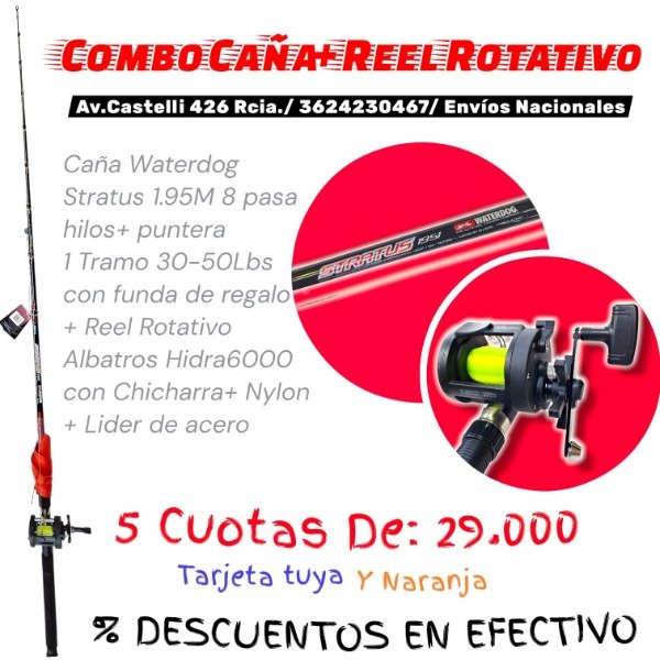 Producto - Combo reel rotativo Albatros con caña 1.95Mts 1 tramo Waterdog