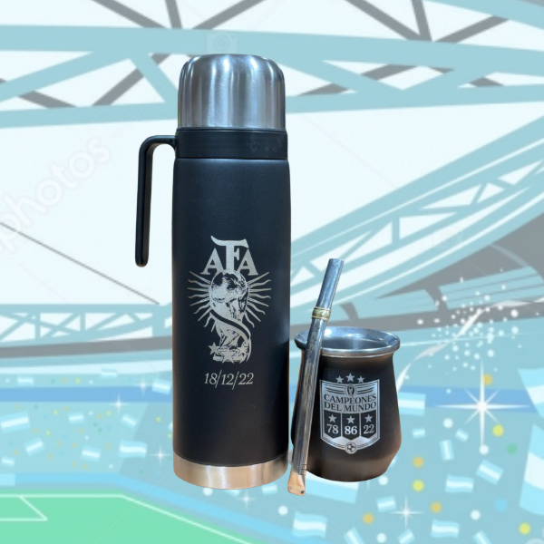 Producto - Combo Mundial/Termo Negro media Manija/Mate con velo/Bombilla chata Grabado