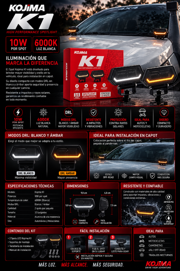 Producto - Kit 2 Spots LED Kojima K1 10W 6000K DRL Blanco/Ámbar - Faros Auxiliares Off-Road