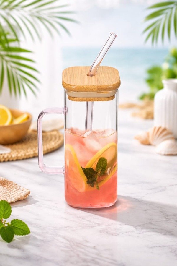 Producto - Taza Vaso de Vidrio con Tapa Bamboo + Sorbete 400ml