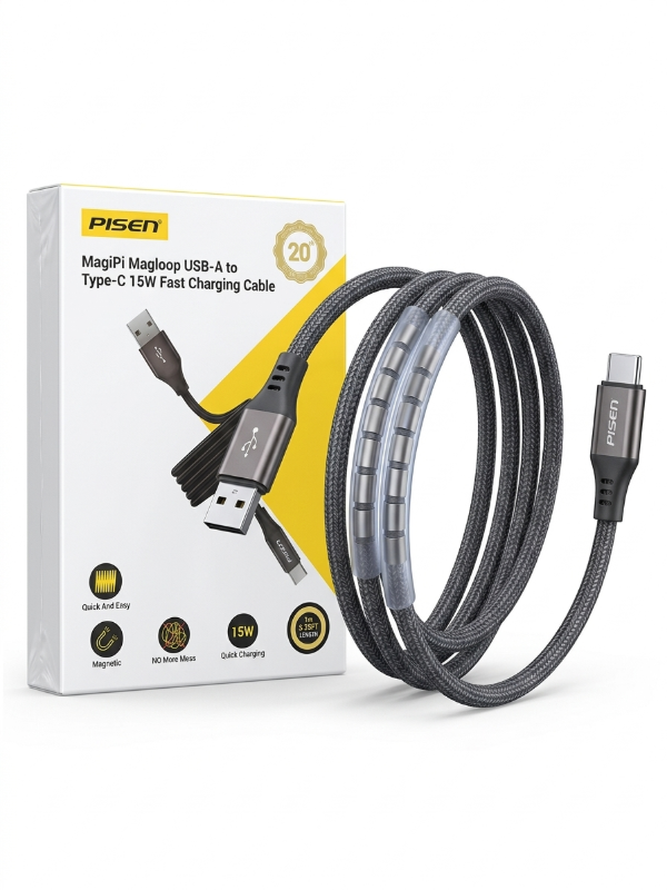 Producto - Cable Magnético Tejido PISEN USB-A a USB-C - 1m (Black)