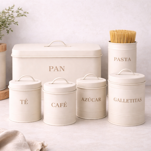 Producto - Set de Latas Organizadoras de Cocina Vintage Té Café Azúcar Pasta Galletitas Pan