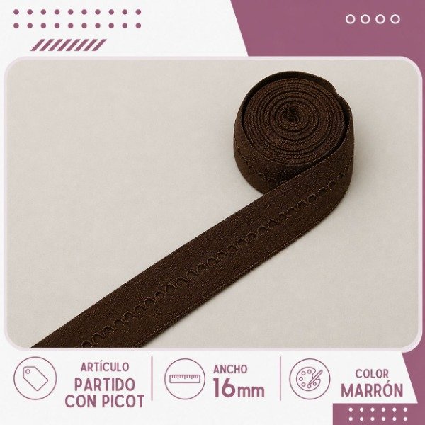 Producto - Elástico partido con picot 16mm cápsula marrón (por metro)
