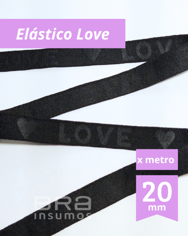 Producto - Elástico 20 mm con Relieve "Love" - Negro [Cintura, Bajobusto, Bretel] (x Metro)