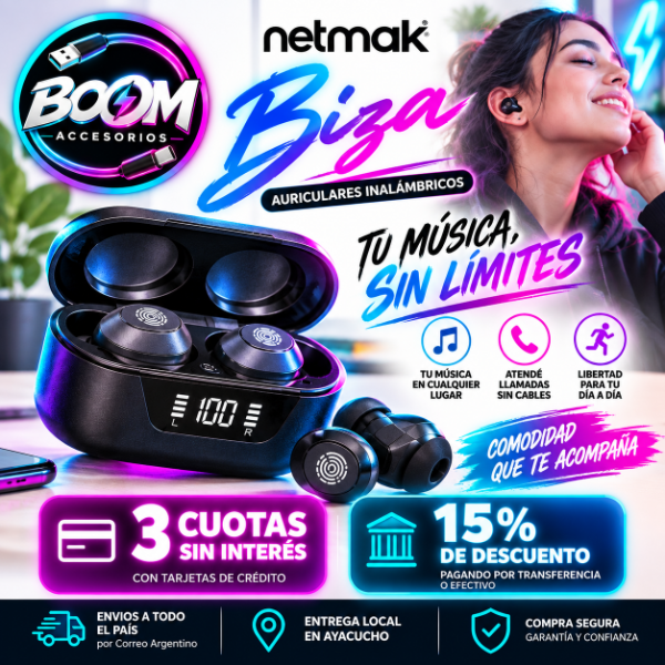 Producto - Auriculares Inalámbricos Bluetooth Netmak Biza In Ear Touch Display Negro - 0