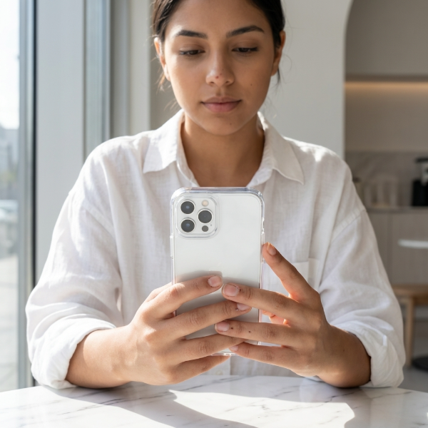 Producto - Transparente con cubrecamara + botones plateados