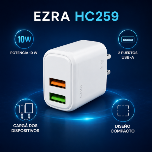 Producto - Cargador Adaptador EZRA de 10W 2.1A Doble Salida USB HC259. - 2
