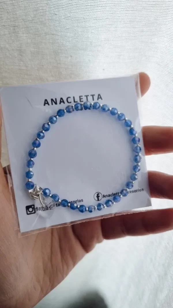 Producto - Pulsera bolitas en plata 925 color azul con corazon cristal