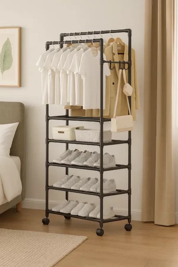 Producto - Perchero doble con estantes y ruedas, fácil armado 5 niveles