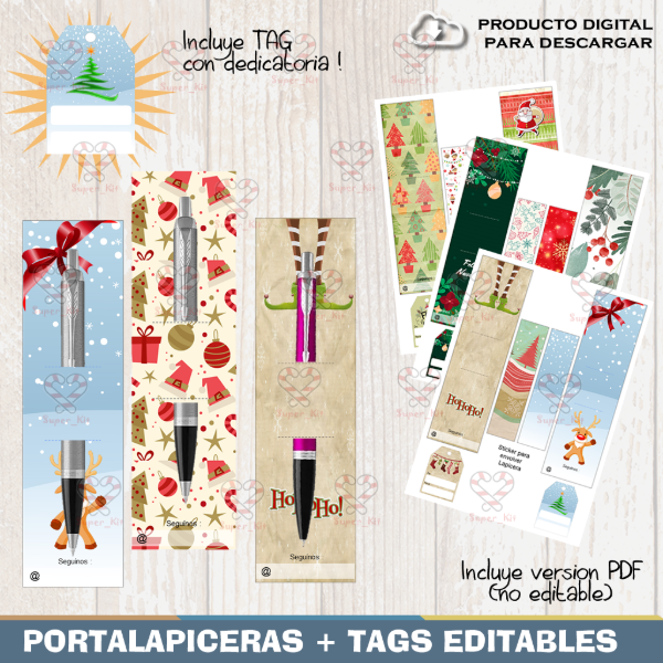 Producto - Kit Imprimible Navidad Portalapiceras Lapiz + Tag Editable
