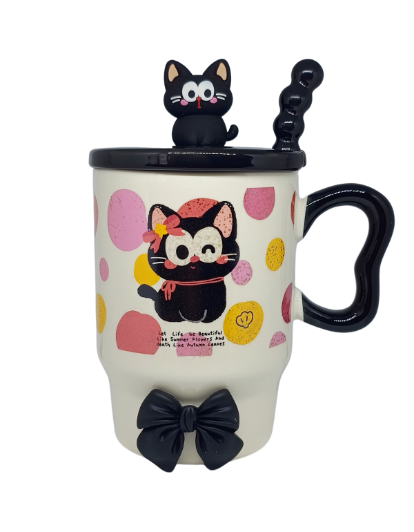 Producto - Taza Alta Cerámica Gatito Negro Con Cucharita, Tapa y Detalle Moño