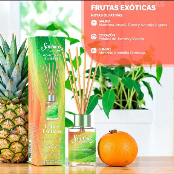 Producto - DIFUSOR CON VARILLAS SAPHIRUS 60ML "FRUTAS EXÓTICAS"