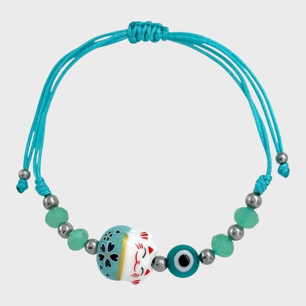 Producto - Pulsera de hilo y acero quirúrgico - Gatito - Amuletos - Aqua