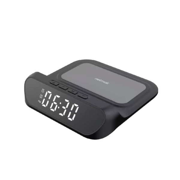Producto - Reloj despertador c/cargador Qi para smartphone 15W cable USB/USB-C - compacto