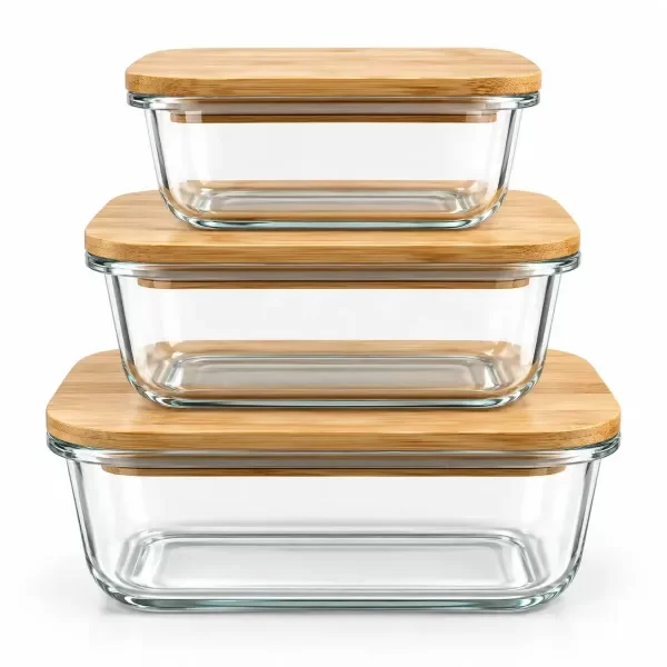 Producto - SET DE 3 RECIPIENTES RECTANGULARES HERMETICOS DE VIDRIO CON TAPA DE BAMBU l - 1