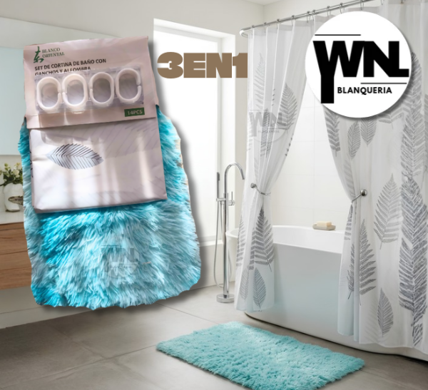 Producto - CORTINA DE BAÑO CON GANCHOS Y ALFOMBRA NÓRDICA 3 EN 1