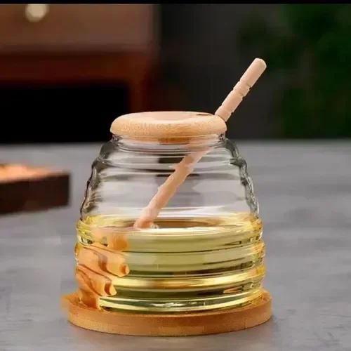 Producto - Mielera De Vidrio Con Base Y Tapa De Bambú + Cuchara 350ml Transparente