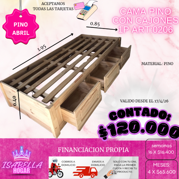 Producto - CAMA PINO CON CAJONES 1P