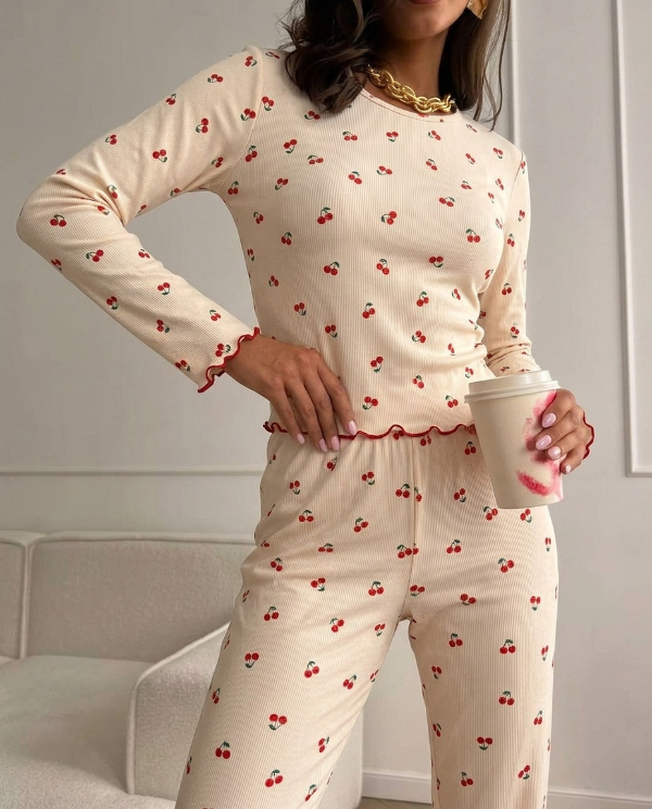 Producto - Pijama morley largo - Natural con cerezitas