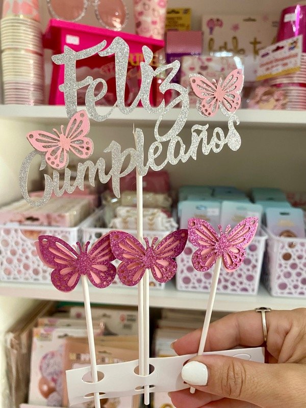 Producto - CAKE TOPPER GIBREADO MARIPOSA ROSA Y PLATEADO