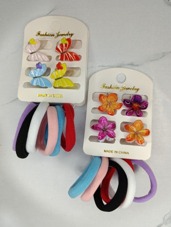 Producto - Brochesitos flor x4 + 6 colitas grandes hawaianitas/mariposas