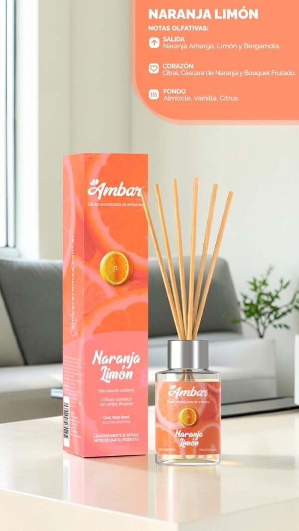 Producto - DIFUSOR CON VARILLAS AMBAR 60ML "NARANJA LIMON"