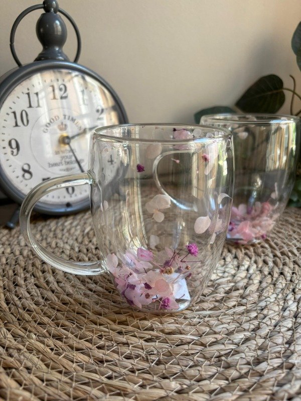 Producto - Taza Grande Mug De Vidrio Doble Con Diseño De Flores 350ml