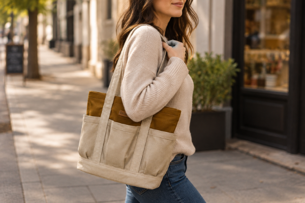 Producto - Bolso "Urbana" marrón ocre con bolsillo y base beige - 0