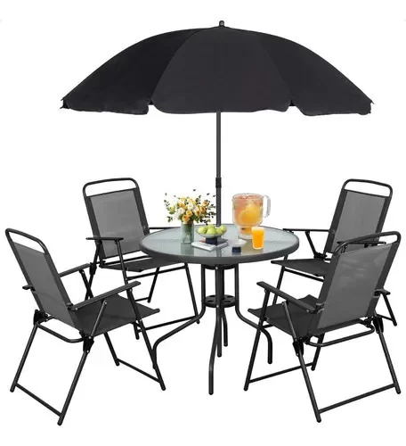 Producto - Set de Jardín Premium Mesa de Vidrio + 4 Sillas de acero + Sombrilla filtro UV