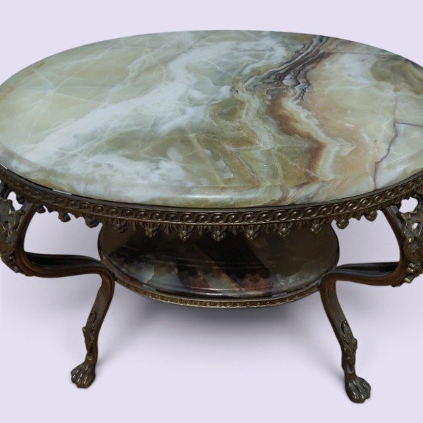 Producto - Mesa auxiliar ovalada de mármol y bronce ornamental - 1