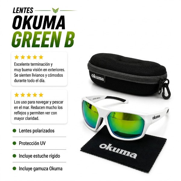 Producto - Anteojo Okuma Verde o Gris Mirror-B Espejados Polarizados UV400 Marco Blanco - 14