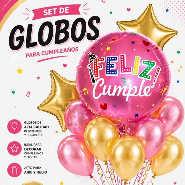 Producto - SET GLOBOS - FELIZ CUMPLE ROSA Y ORO
