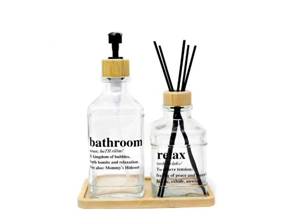 Producto - Set dispenser+difusor TRANSPARENTE con bandeja bamboo