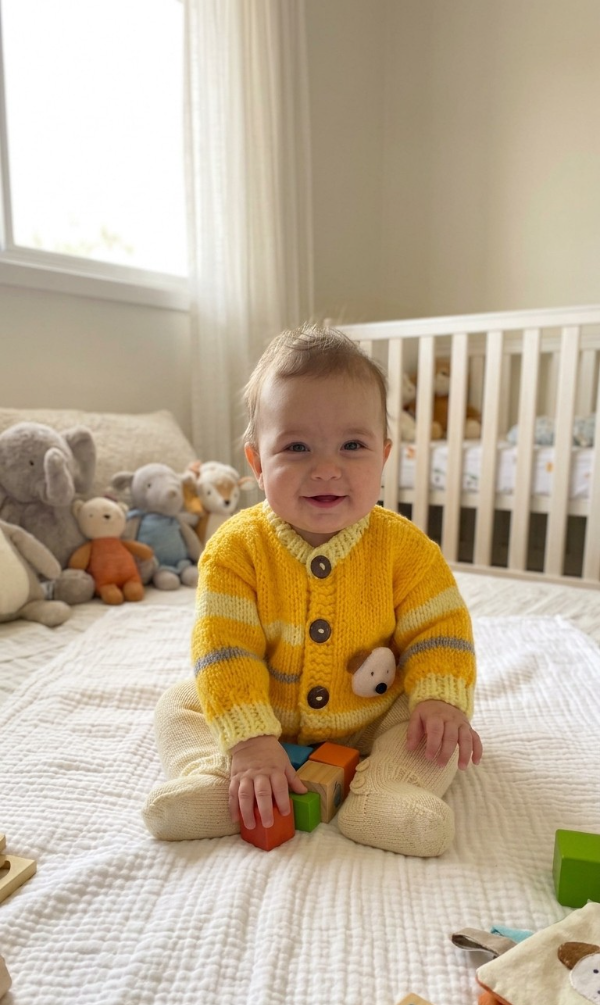 Producto - Saquito amarillo diseño divertido con aplique. 6-9 meses
