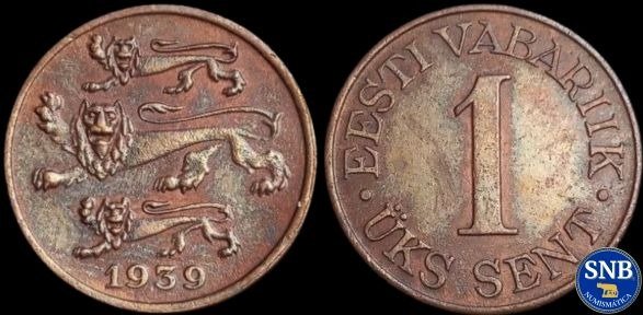Producto - Primera República de Estonia - 1 Sent (1939) KM #19.1 [AU] - Periodo Autoritario