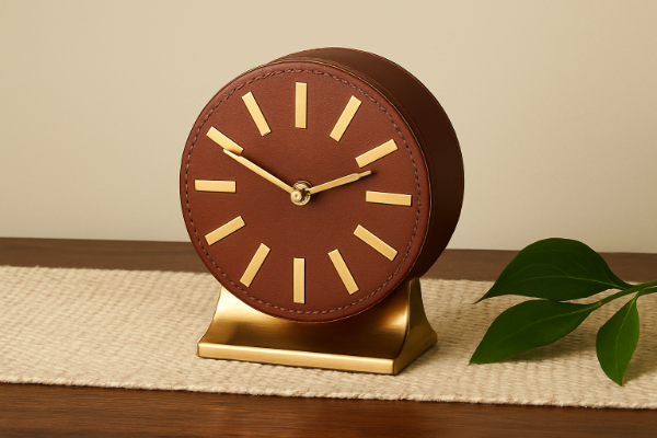 Producto - Reloj De Mesa De Cuero Y Acero Inoxidable Alto 25 cm