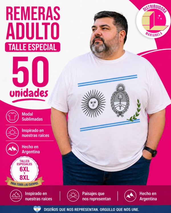 Producto - Remera Adulto con estampa Argentina - Talle especial - Pack x50