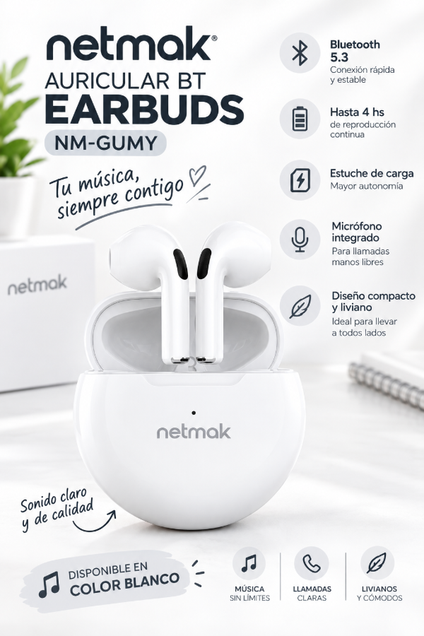 Producto - AURICULAR BT NETMAK EARBUDS NM-GUMY
