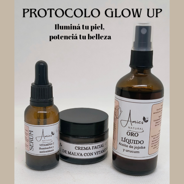 Producto - Glow Up - (sérum vitamina C + crema facial de malva y vitamina C +oro líquido)