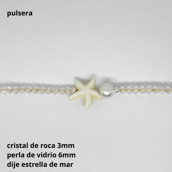 Producto - PUL #FP - Pulsera cristal de roca dije estrella de mar y perla de vidrio (DÓLAR)