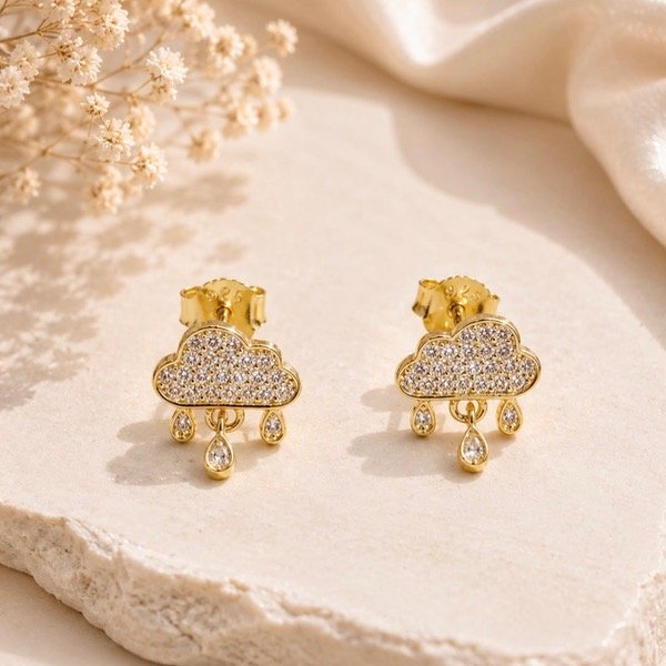 Producto - Aros pasantes nubes con lluvia Plata 925 Dorado