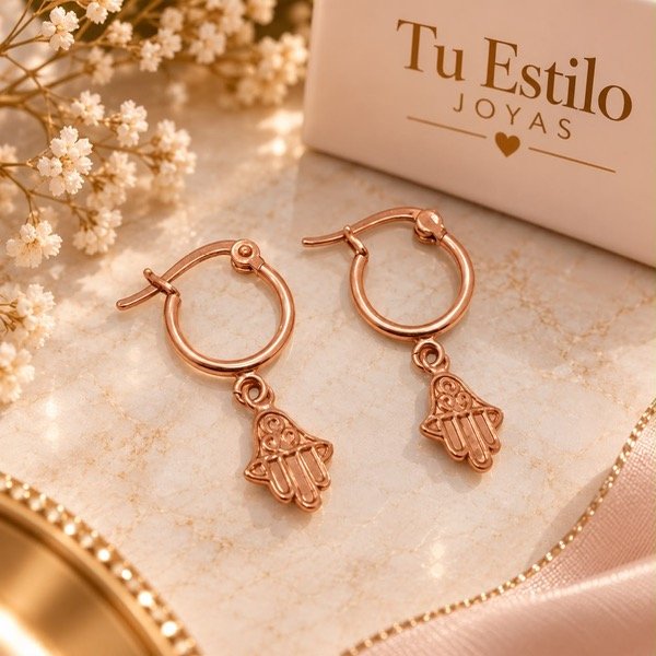 Producto - Aros argollitas con dijes colgantes Manito de Fátima en Plata 925 Rose