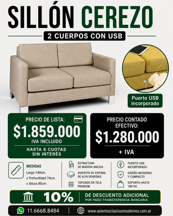 Producto - HOGAR SILLÓN CEREZO 2 Cuerpos Patas Cromadas, Tapiz Lino/Pana/Ecocuero!!