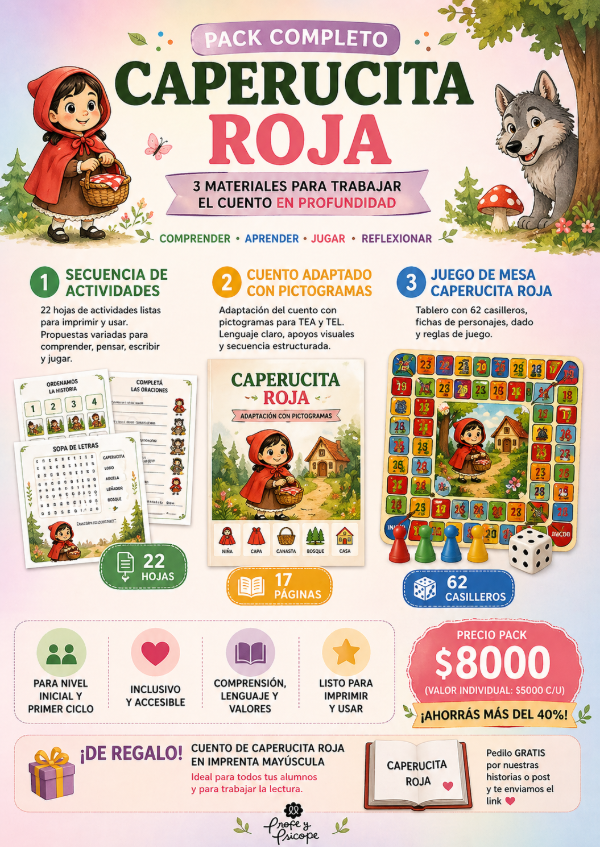 Producto - CAPERUCITA ROJA PACK COMPLETO Secuencia, Pictogramas TEA y TEL y Juego de mesa
